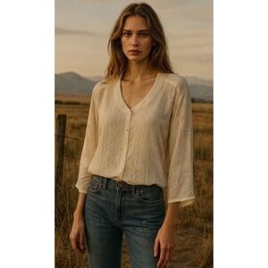 J. Jill Women's Gauze Embroidered Top Size Large Ivory Prairie Boho Cottagecore